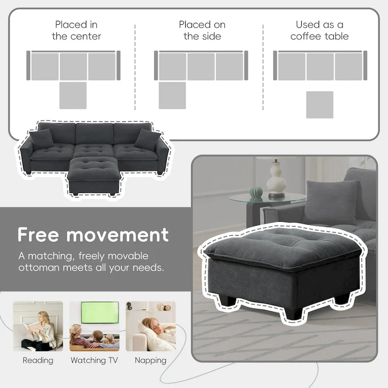 100 L-Shaped Convertible 4 Seater Sectional Sofa with Removable Ottoman and Matching Pillows, Suede Velvet Upholstery