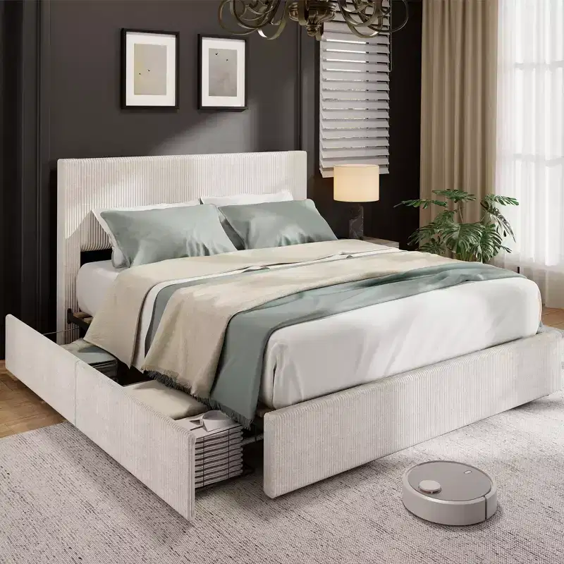 Whizmax Bed Frame with 4 Storage Drawers & Upholstered Wingback Headboard - Wood Slat Support, No Box Spring Needed, Beige