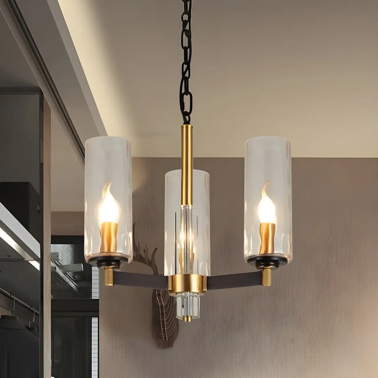 Modern Stylish Black-Gold Cylinder Glass Chandelier