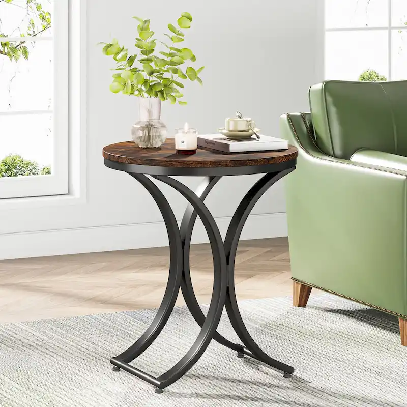 Round C-Shape Side Table, Faux Marble White+Gold / Retro Brown+Black, 1-Person
