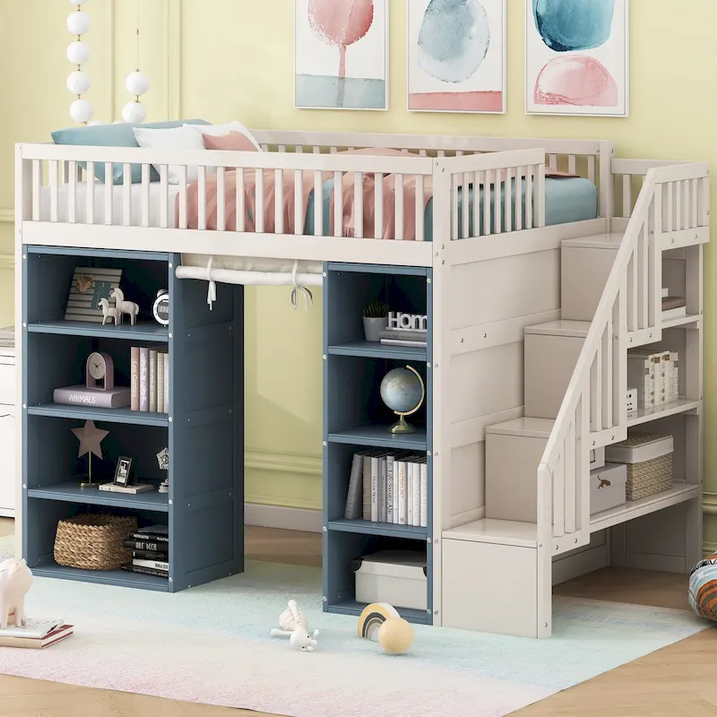 White Full Size Solid Wood Loft Bed with Storage Cabinets and Curtain