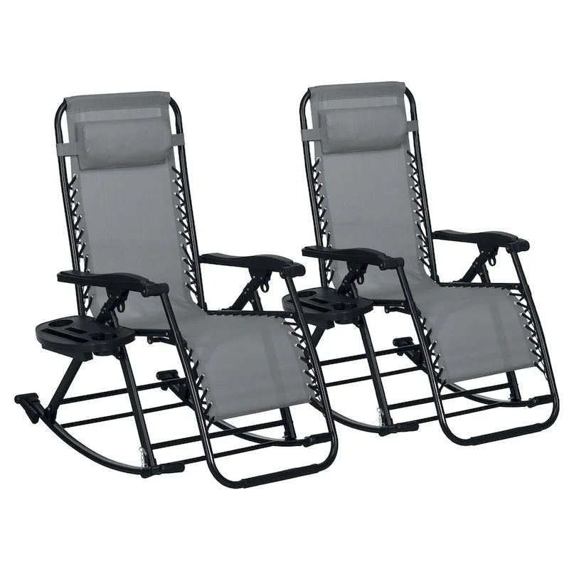 2 Pieces Outdoor Rocking Chairs, Foldable Reclining Zero Gravity Lounge Rocker with Pillow, Cup & Phone Holder,