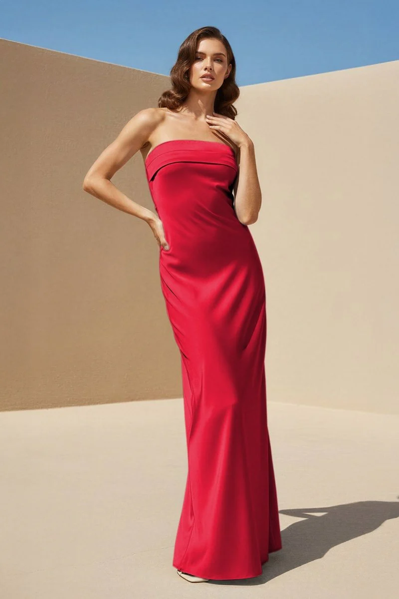 Sky Blue Strapless Sheath Satin Pleated Open Back Long Prom Dresses