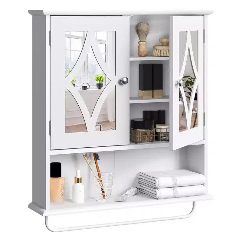 RoyalCraft Bathroom Medicine Cabinet, Wall Mount Storage with Mirror, Towel Bar, and Adjustable Shelves for Wash Room, Laundry, White