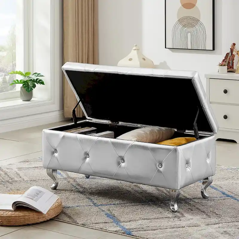 Luxury Storage Ottoman Bench, PU Upholstered Flip Top Ottoman