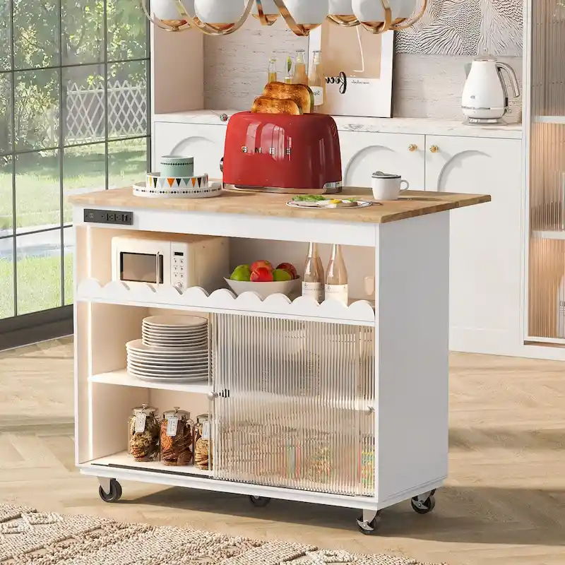 44 in. W Kitchen Island Rubberwood Drop-Leaf Countertop on 5 Wheels with Open Shelf and Wine Rack - 44