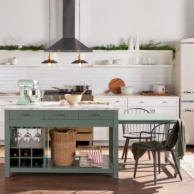 Farmhouse Wood Multi-Storage Kitchen Island with Faux Marble Top
