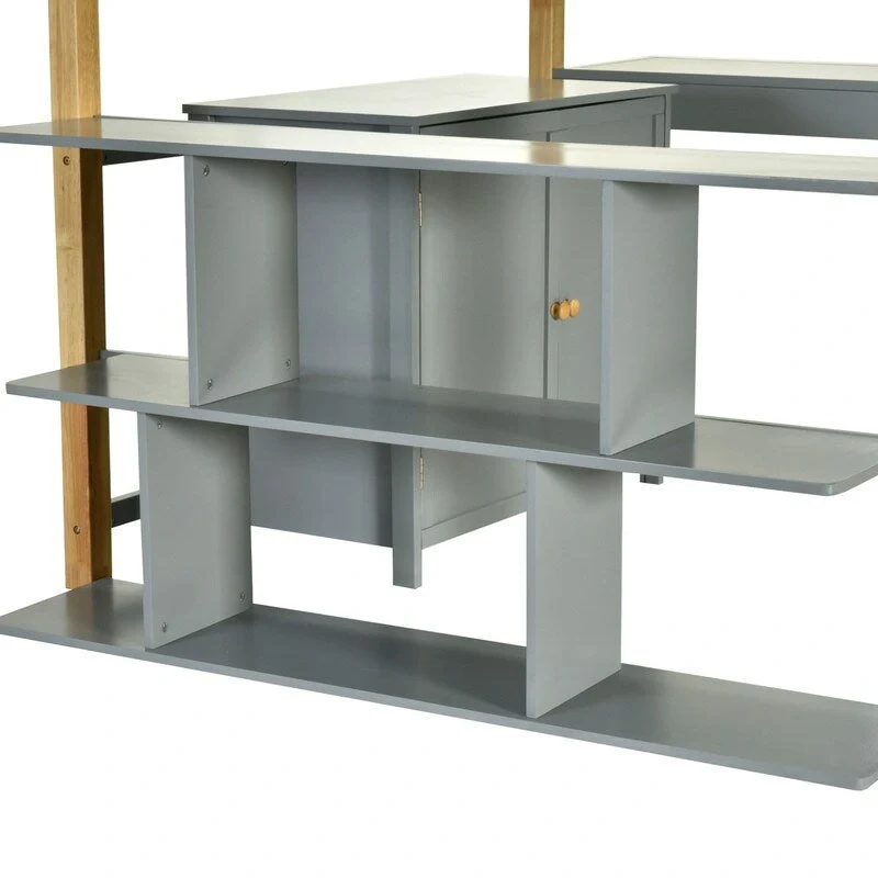 Full Size Wood Loft Bed With Built-in Storage Cabinet and Cubes, Foldable desk