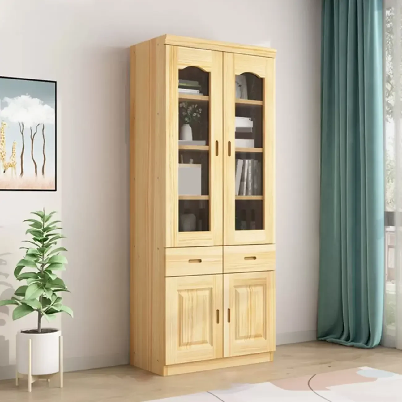 Antique Wood 5-Tier Glass Door Storage Bookcase