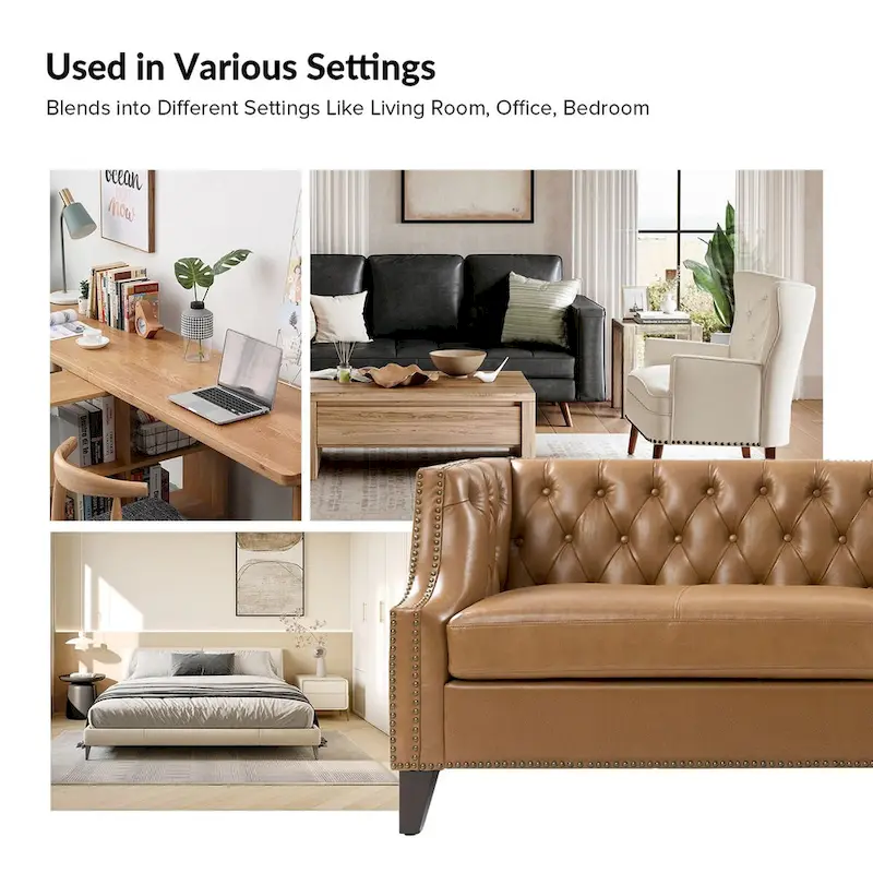 Eugne Transitional Genuine Leather Tufted Design Sofa with Solid Wood Legs by HULALA HOME