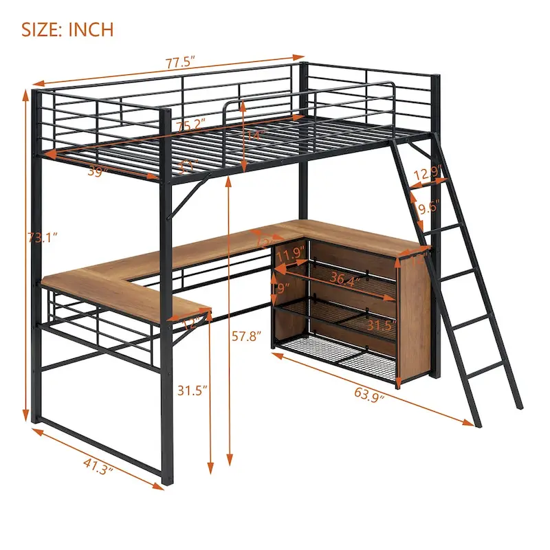 Black Metal Loft Bed with L-Shaped Desk & 3-Tier Shelves, Reversible Ladder, Twin, 1-Person