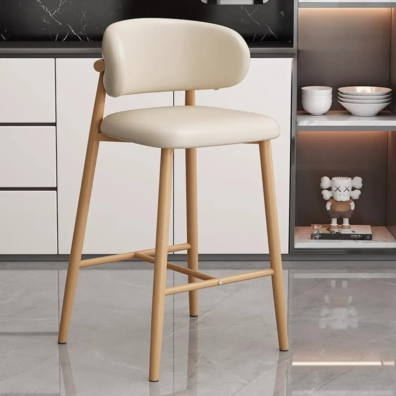 Modern Off-White Leather Curved Back Counter Bar Stools
