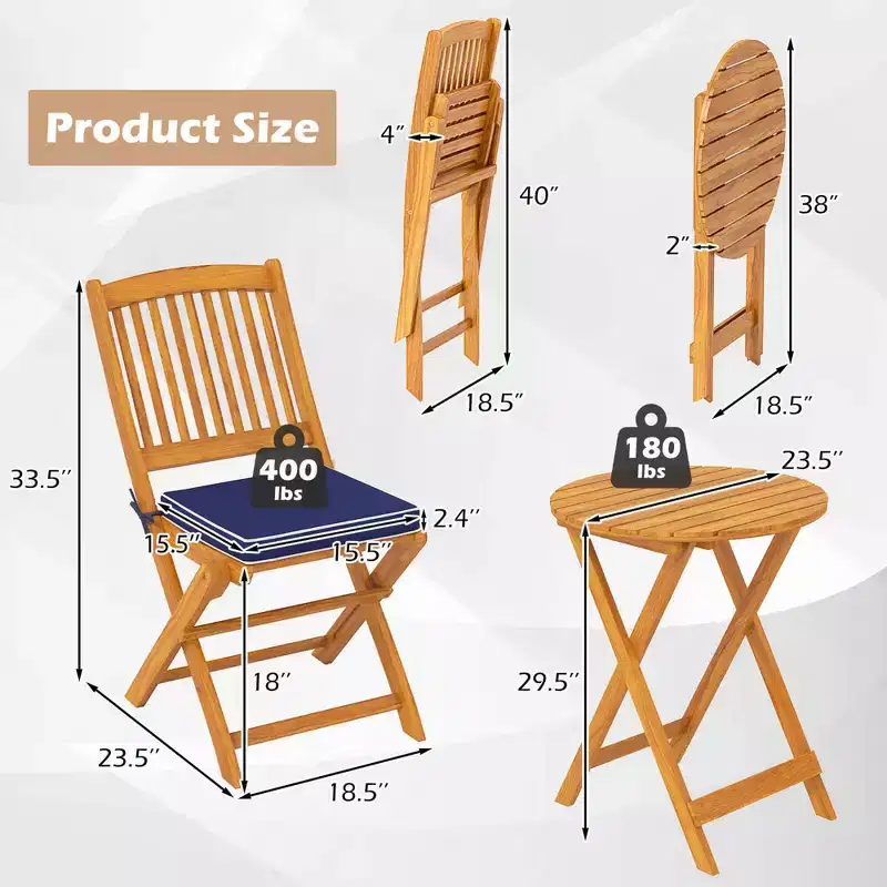 Costway 3 PCS Acacia Wood Patio Bistro Set Folding Table & Chairs Set with Cushions Beige/Navy