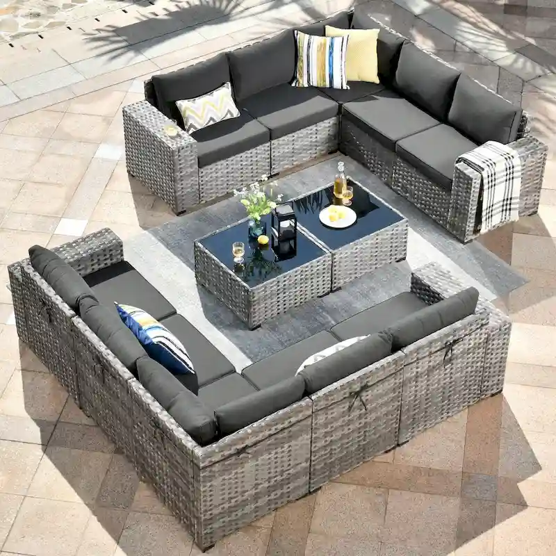 OVIOS Patio Wicker Furniture Wide Arm 12-piece Set with Table