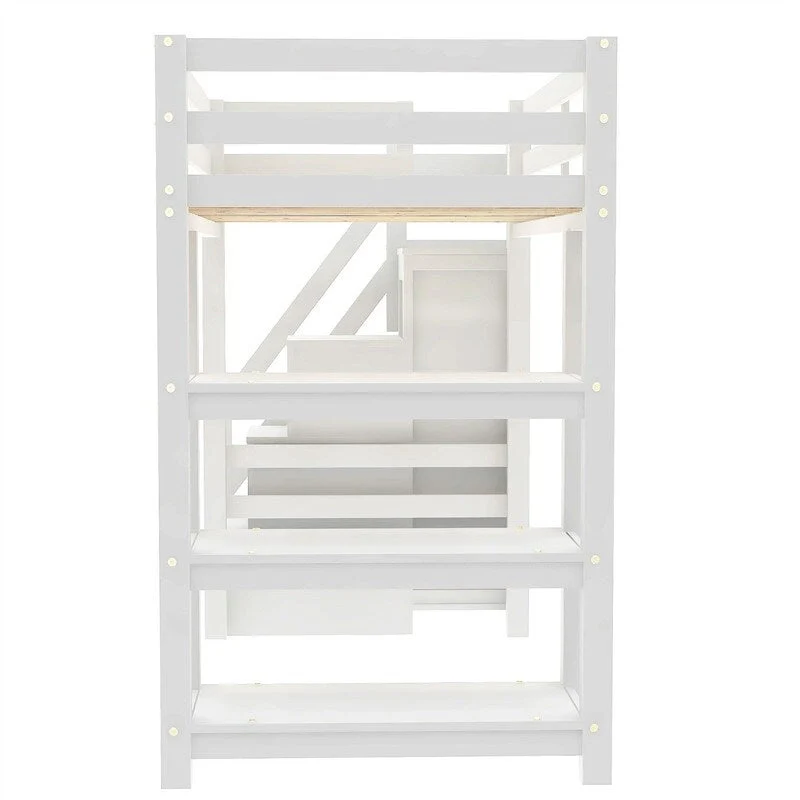 White Full-Size Loft Bed with Wardrobe, Storage Staircase & LED Light, 1-Person