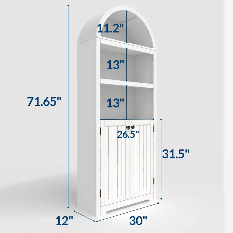 72 Tall Wood Arched Storage CabinetC5-Shelf Kitchen Pantry Cabinet with Doors & Open Shelves, Versatile Standing Bookcase & Cupboard for Living Room