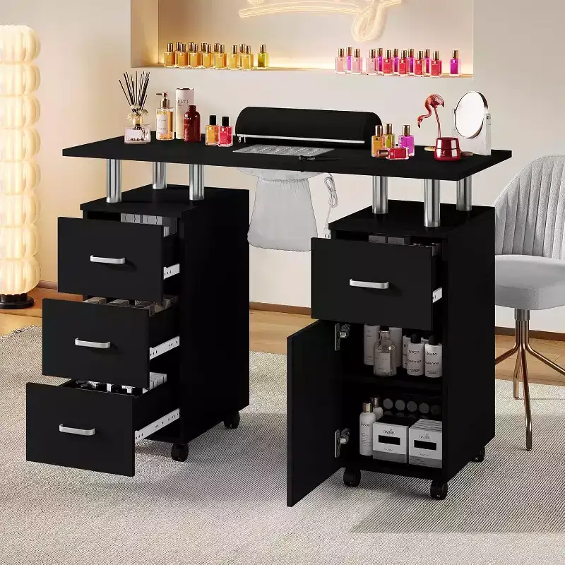 Acekool Manicure Table Gray/Black, Nail Desk with Storage, Lockable Wheels & Dust Collector for Salon or Spa