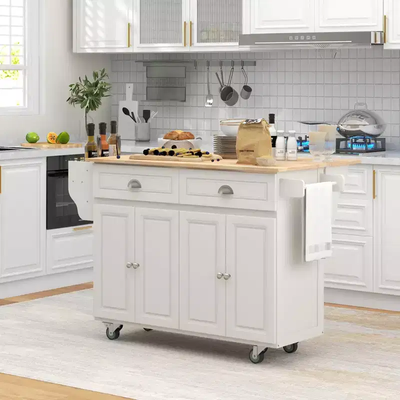 HOMCOM Rolling Kitchen Island Drop Leaf, Kitchen Cart on Wheels, Solid Wood Top Breakfast with Storage Drawers, Cabinets and Spice Rack