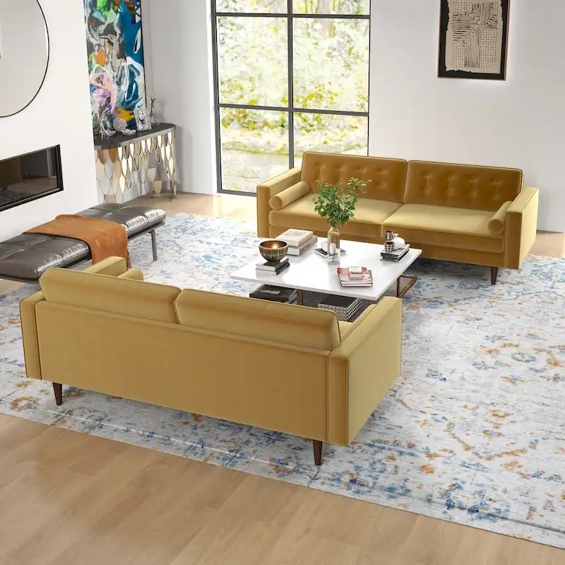 Kenzo Mid Century Pillow Back Velvet Sofa and Loveseat Set