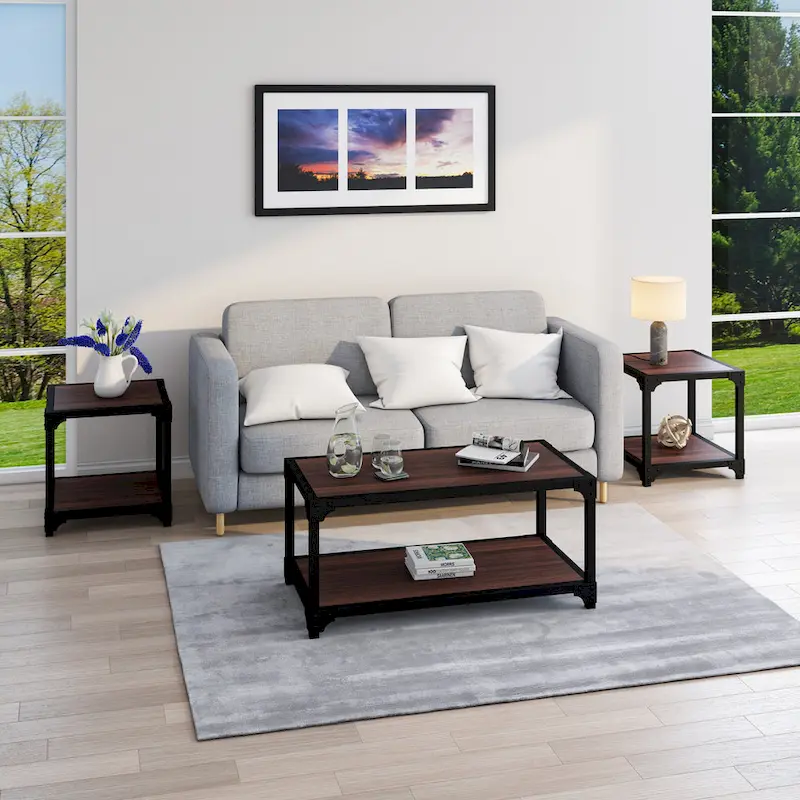 Davee 3 Pieces Wood and Metal Coffee Table Set with Shelf - 40  x20  x18   & 20  x20  x20   &20  x20  x20