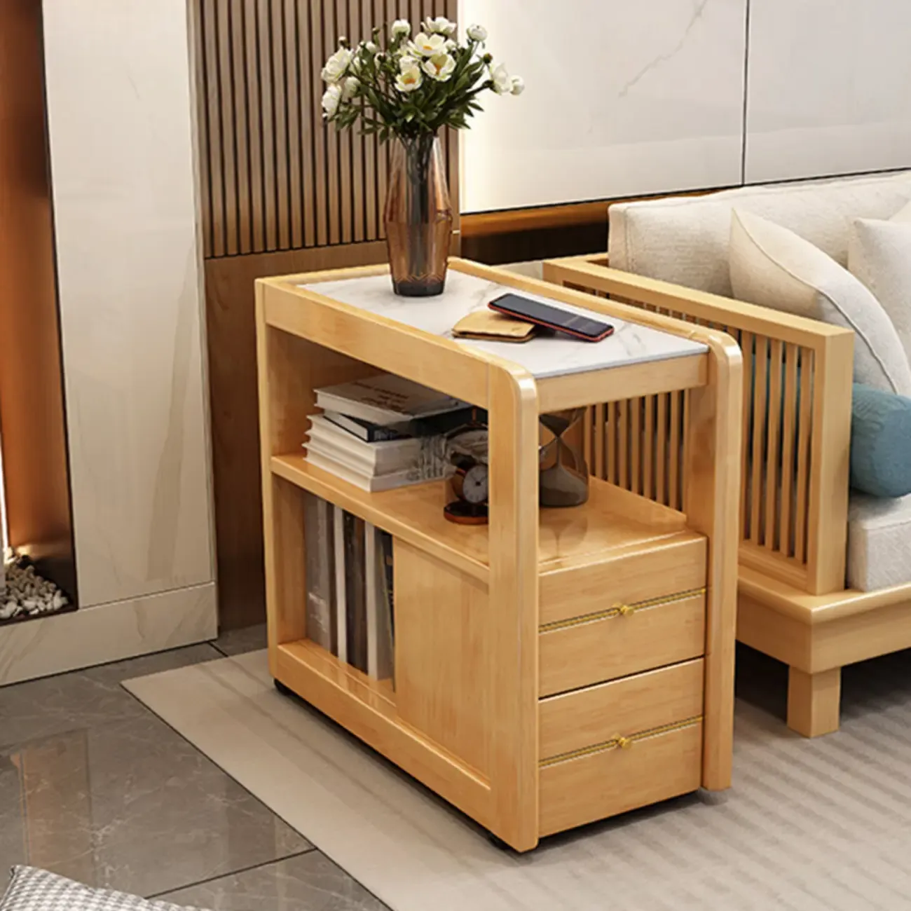 Narrow Sintered Stone Top Wheeled Side Table with Drawers