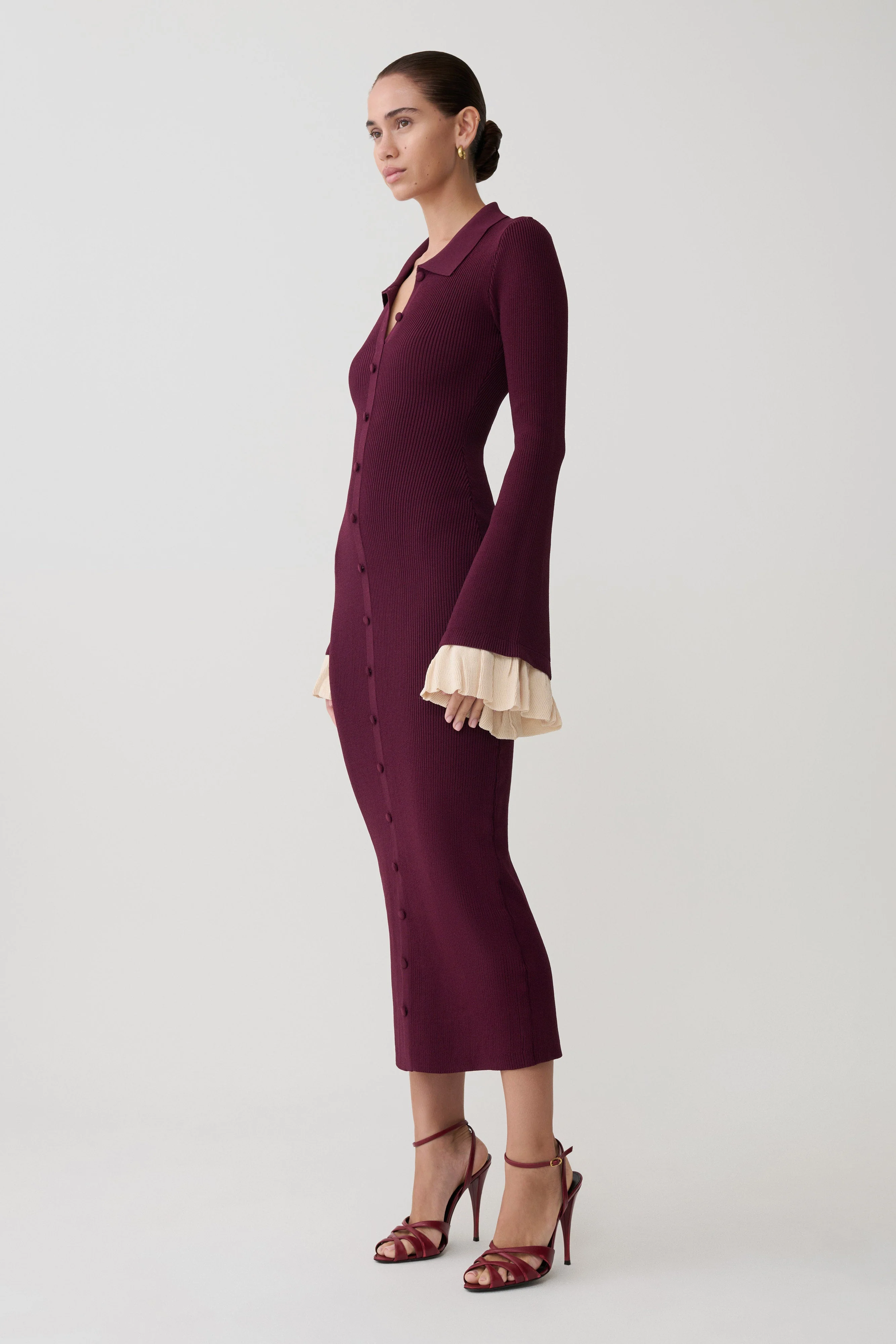 Amirose Ruffle Knit Midi Dress - Plum