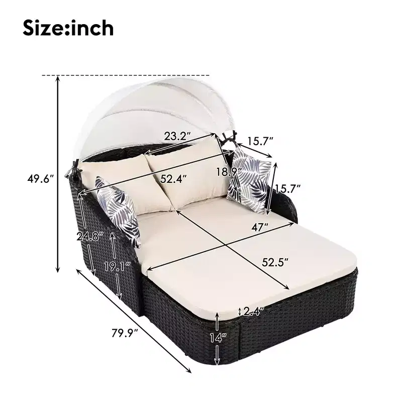 GDFStudio Sidney Patio Modern PE Rattan Double Chaise Lounge Daybed with Adjustable Canopy, Cushions and Pillows