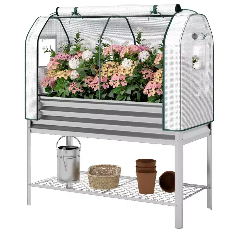 Outsunny Galvanised Raised Garden Bed with Greenhouse Cover, Metal Elevated Garden Bed with Bed Liner and Bottom Shelf