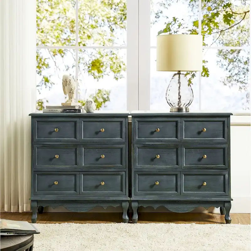 Distressed 3-Drawer Nightstand with Wood Legs, Set of 2 (Blue / Walnut / White)