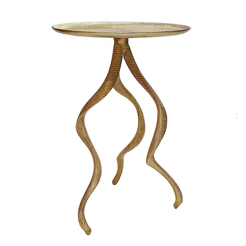 24 Inch Accent Side Table, Antler Base Design, Ribbed Top, Aluminium, Gold