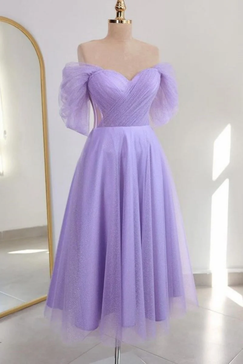 Shiny Tulle Off the Shoulder Light Blue Tea Length Prom Dress