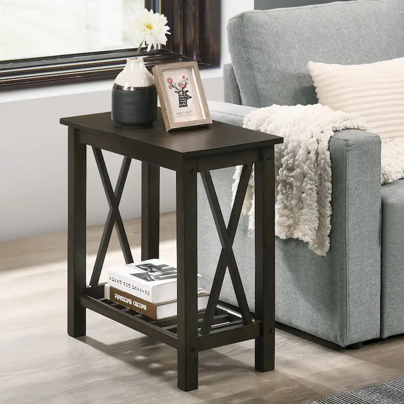 Farmhouse Faux Marble Side Table with Shelf - Dark Grey/White/Brown/Oak