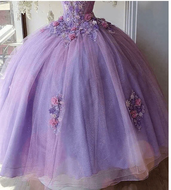 Princess Tulle Long Quinceanera Dresses with Flower
