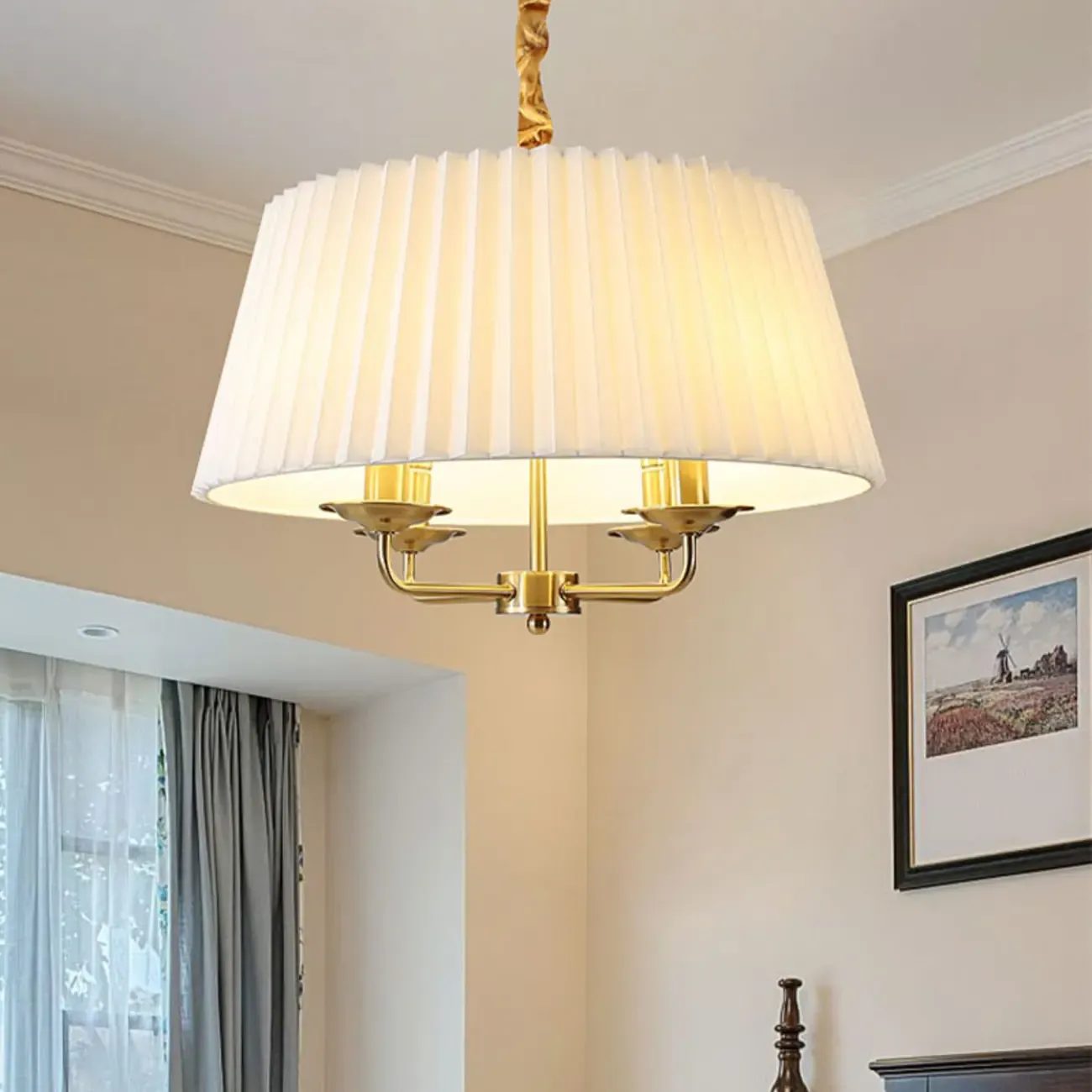 Modern Gold White Pleated Drum Chandelier Adjustable Height