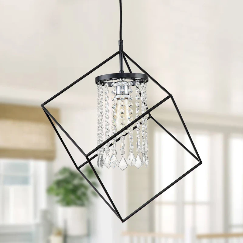 C Cattleya 1-Light Black Geometric Hanging Pendant Light with Cylinder Crystal Beads Shade