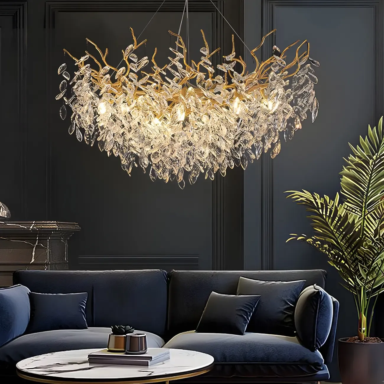 Elegant Gold Branch Crystal Chandelier Adjustable Height