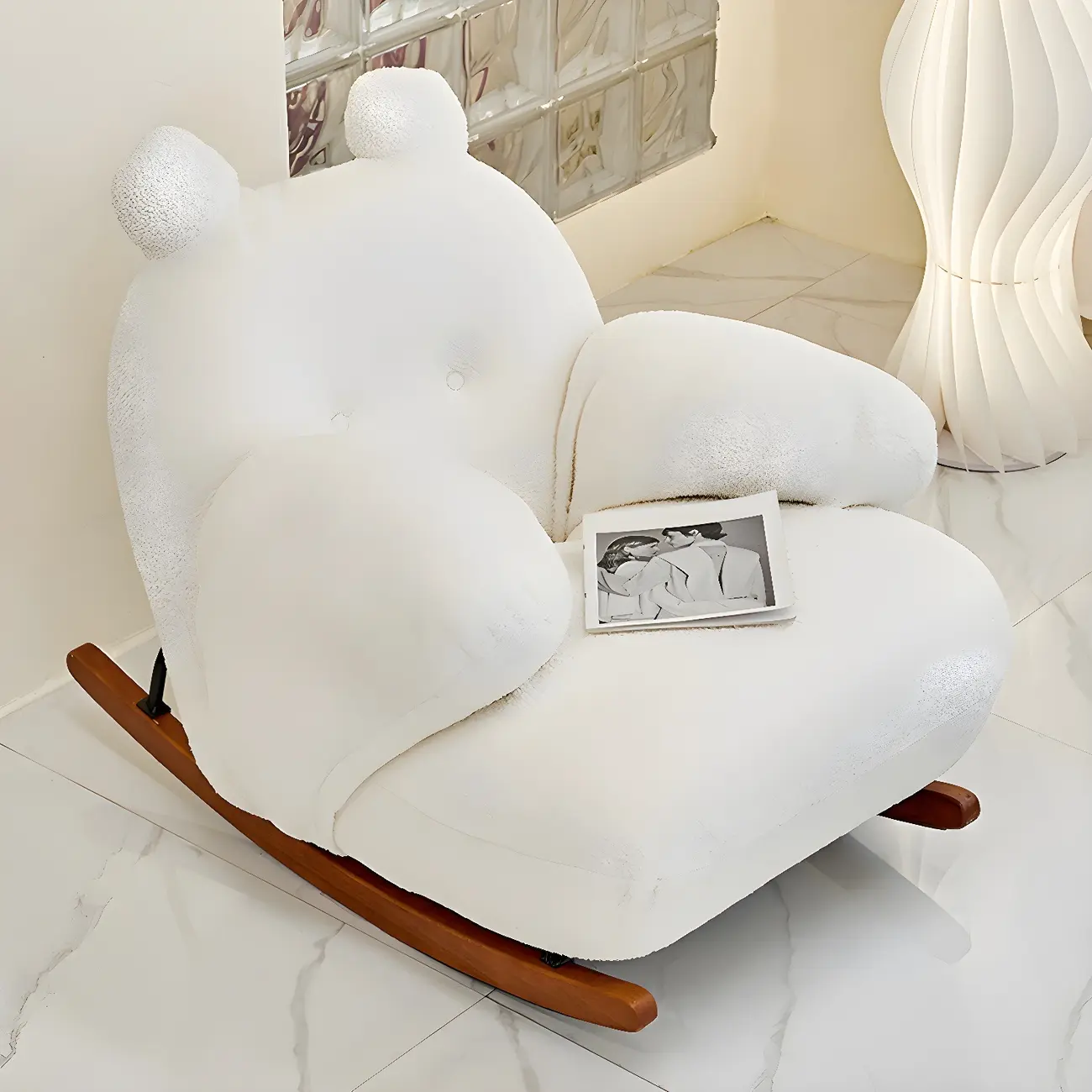 Cute Upholstered White Rocking Chair with Ottoman for Indoor