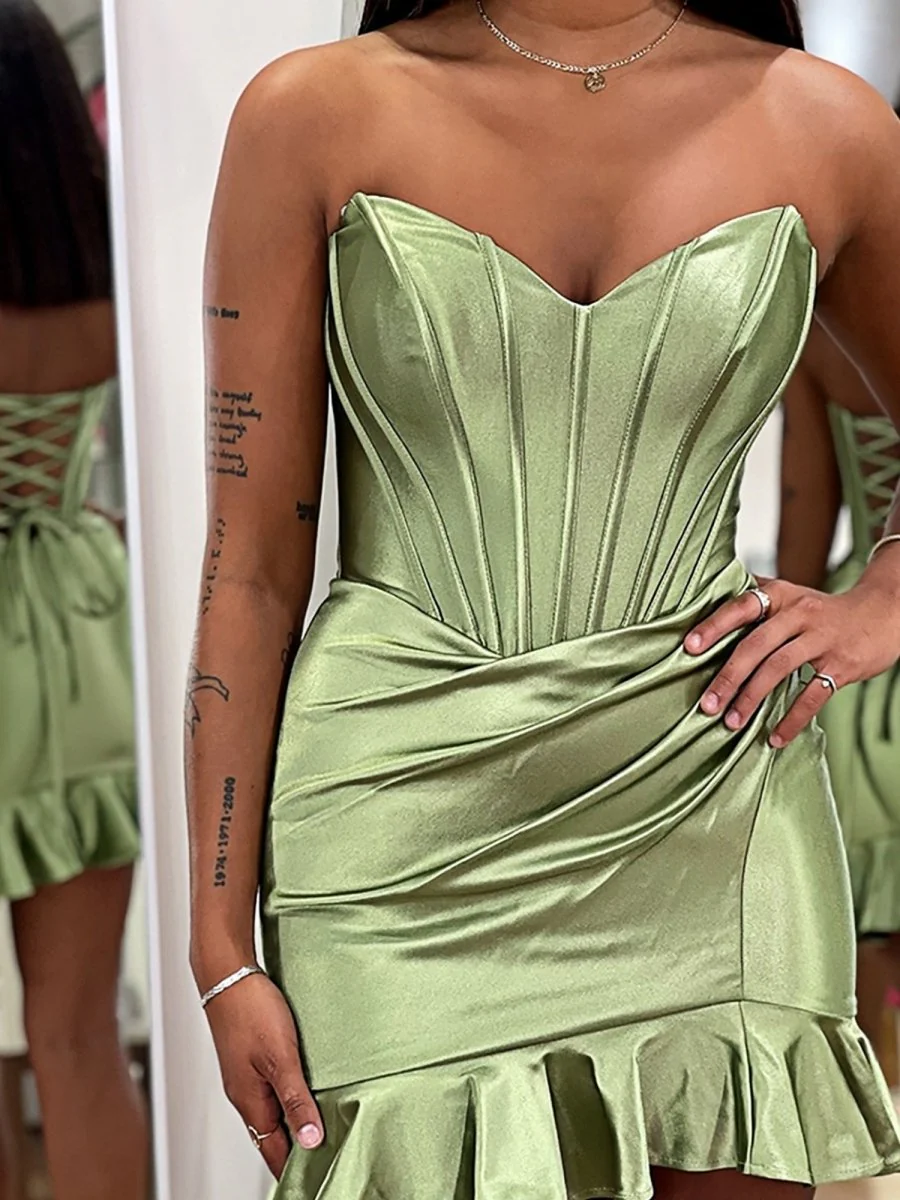 Mint Green - Strapless Bodycon Satin Pleated Homecoming Dresses With Ruffles