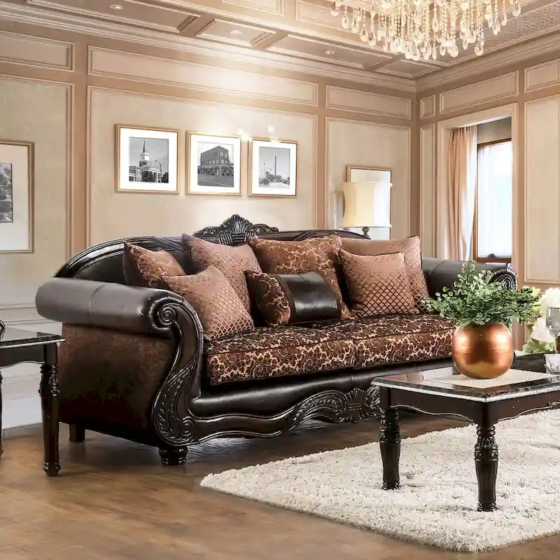Brown Faux Leather Sofa with Floral Print Cushions - 3 Seater