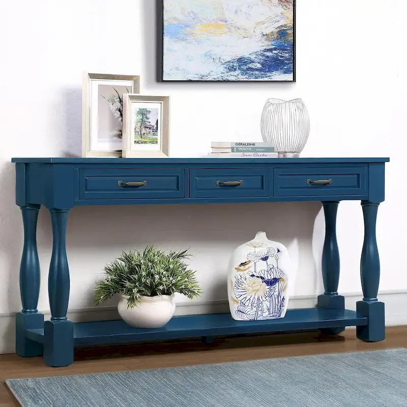 Solid Wood Console Table - Antique White/Blue/Navy/Espresso/Brown, Mid-Century Style, Multi-User