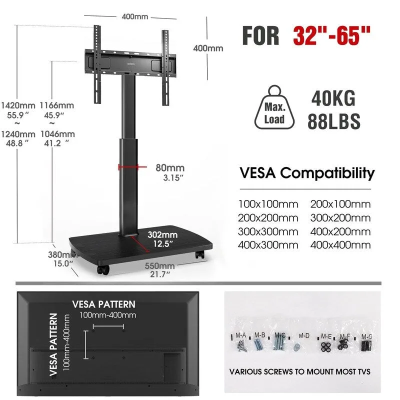 Black / Brown / White Rolling TV Stand with Height Adjustment & Swivel – Single