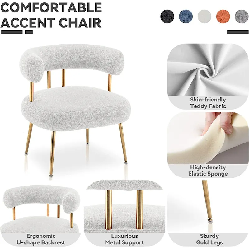 Modern Glam Upholstered Comfy Open-Back Accent Vanity Chair with Golden Legs