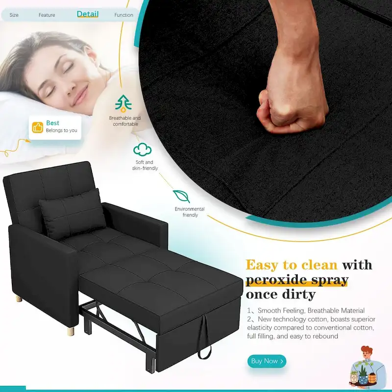 AECOJOY 3 in 1 Sleeper Sofa Chair w/ Pillow &Convertible Backrest