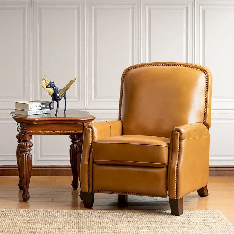Modern Retro Genuine Leather Recliner with Nailhead Trim & Wooden Frame