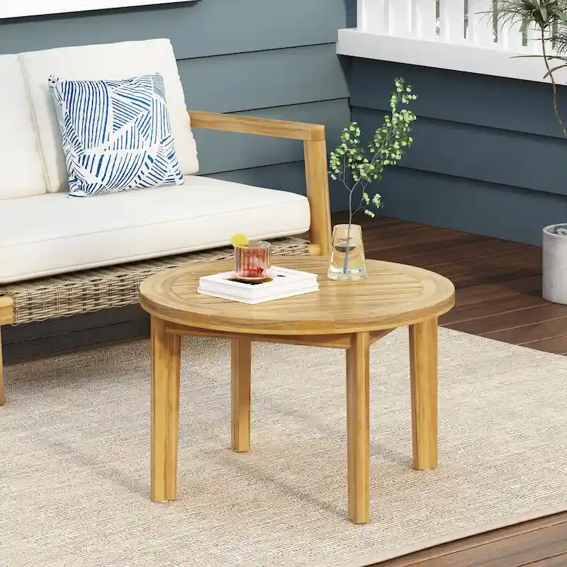 Roomfitters Round Patio Coffee Table, Solid Acacia Wood Slatted Top with Tapered Legs, Natural Wood