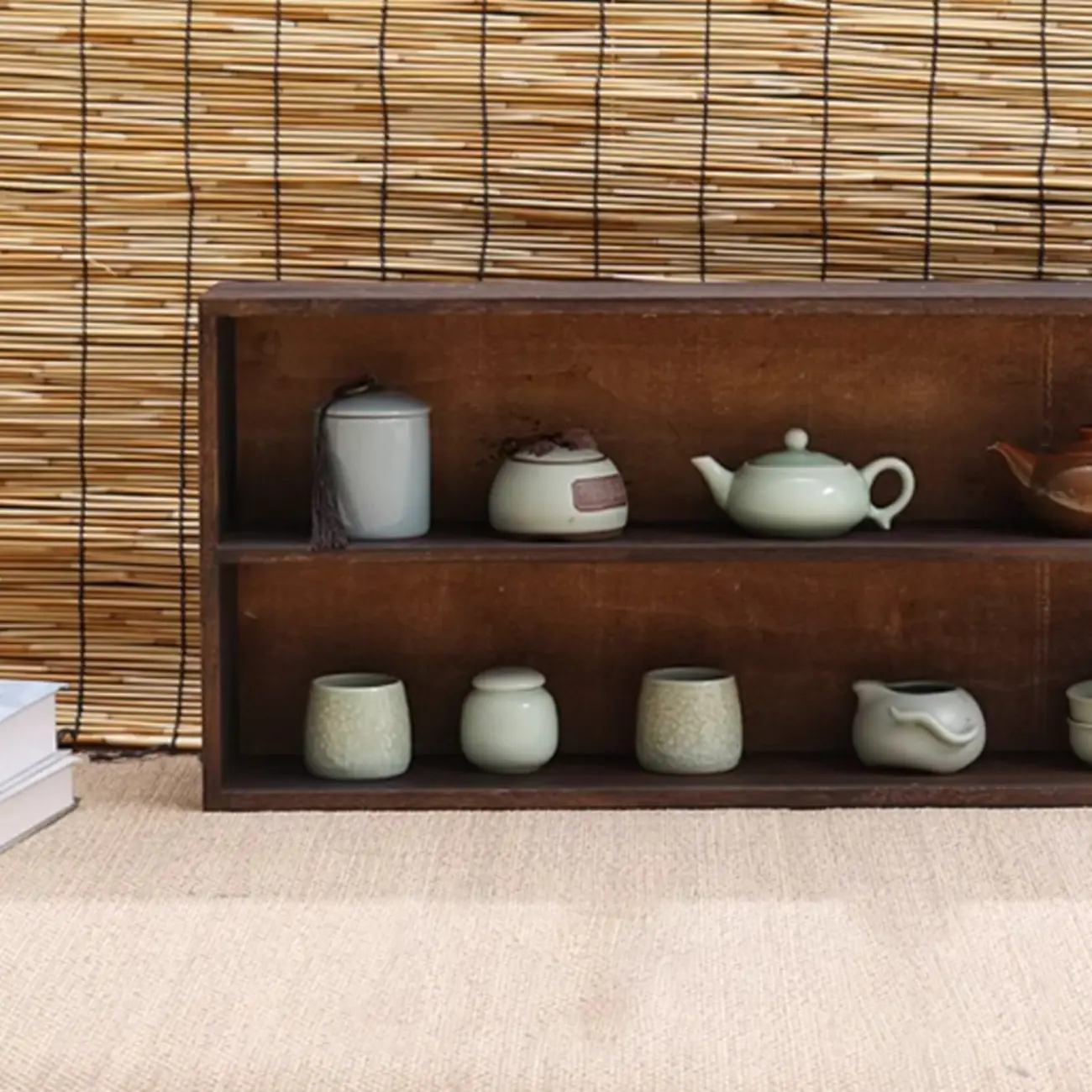 Traditional Long Brown Wood Wall Mount Open Display Cabinet