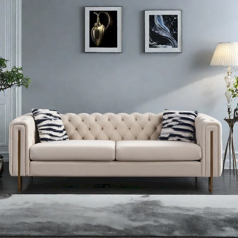 84.25  Velvet 3-Seater Sofa with Button Tufting, Gold Metal Legs, Pocket Spring And Foam Cushioning, 700 lb Capacity