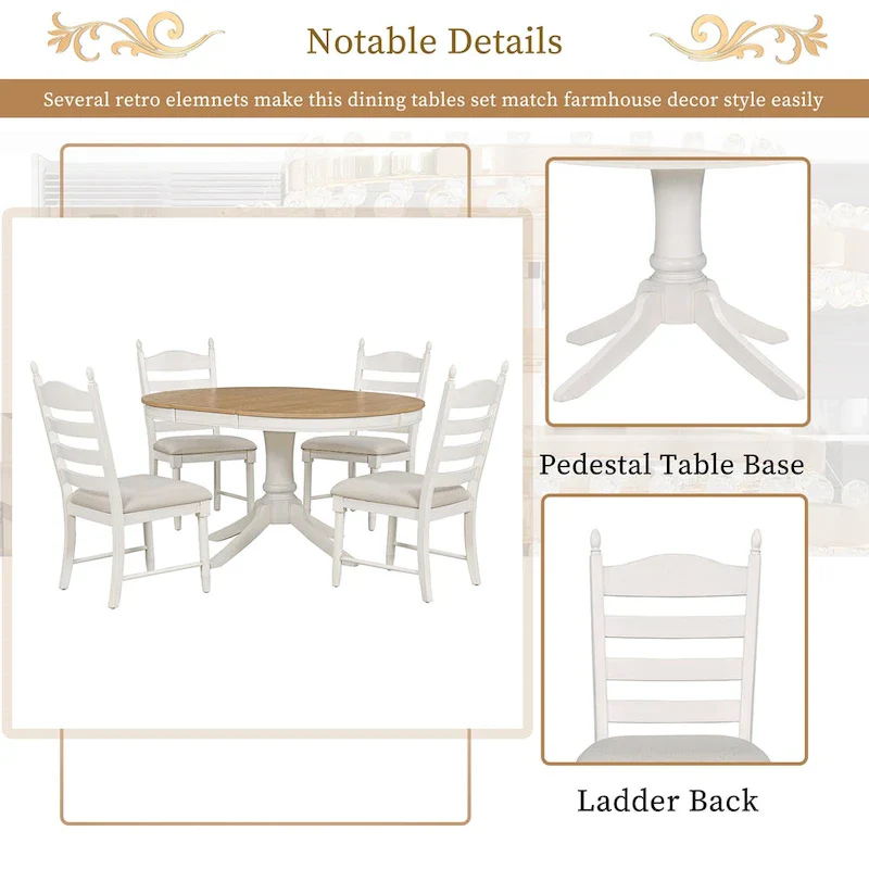 5 Piece Round Dining Table Set, Solid Wood Kitchen Table and Chair Set with Extendable Table and 4 Upholstered Chairs