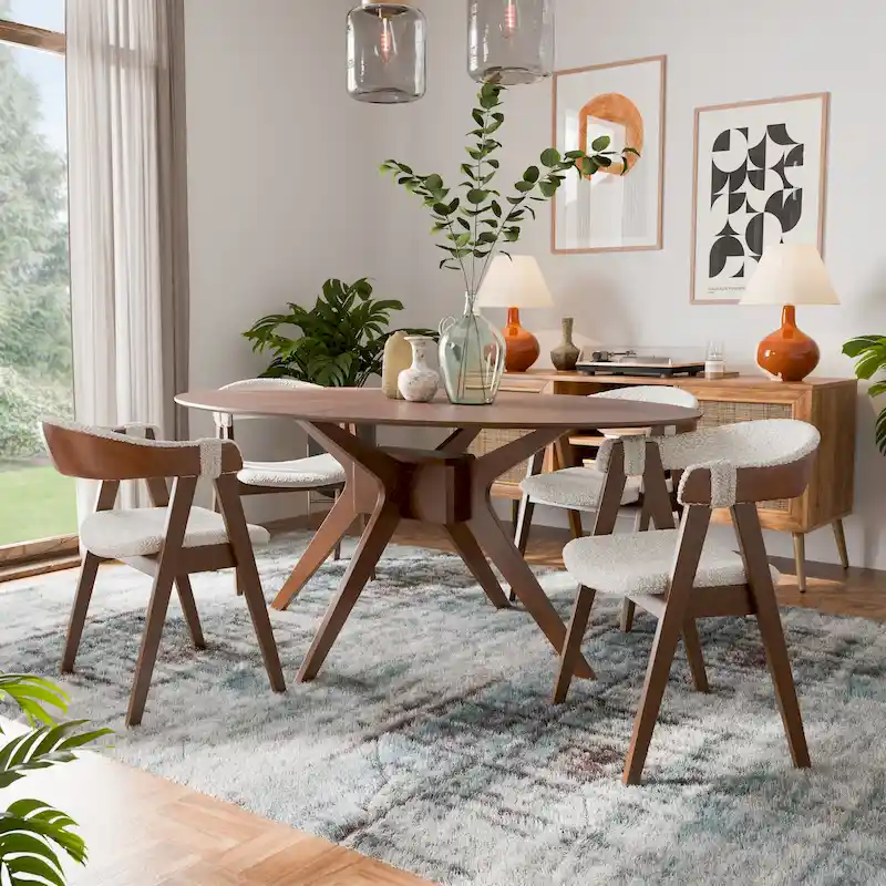 Walnut Oval Dining Table with Beige Boucle Chairs for 4-6