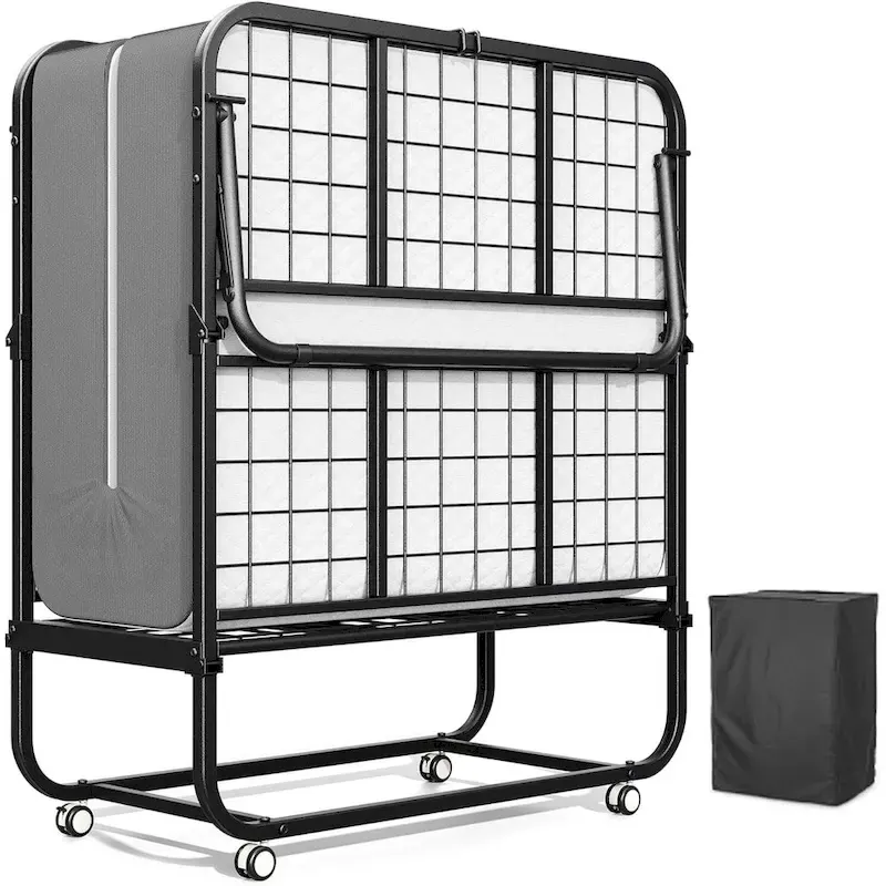 Roll away Space-Saving Sturdy Metal Frame Folding Guest Bed with 5 Thick Mattress